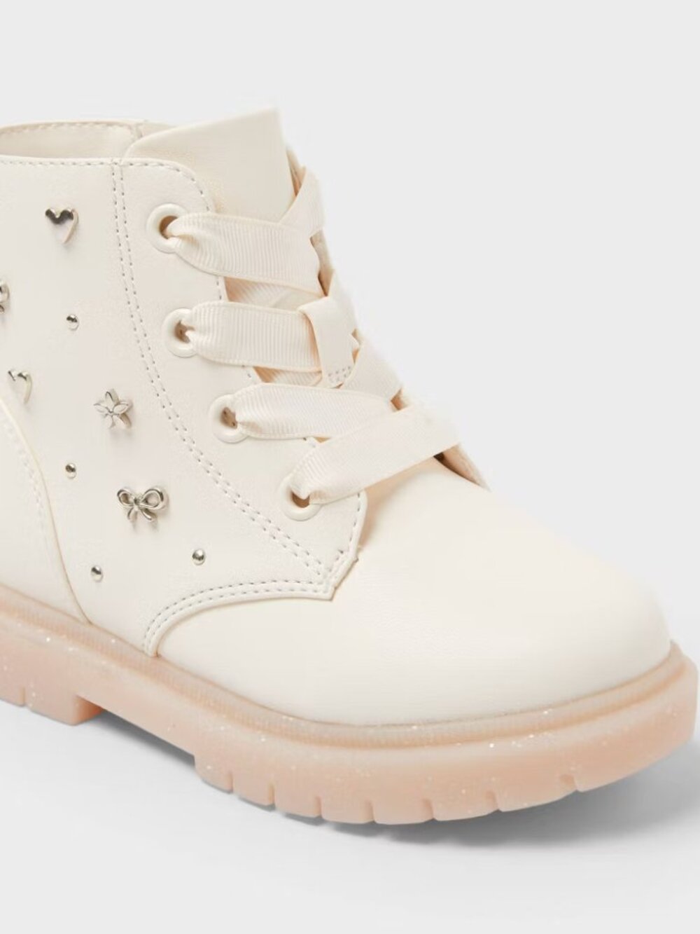 Toddler Amaya Cream Lace-Up Ankle Boots with Silver Stud Details